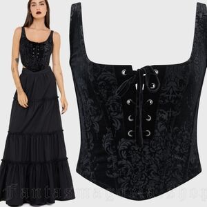 Killstar Black Velvet Brocade Lace-Up Corset Tank Top